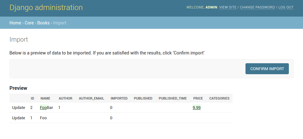 A screenshot of the 'confirm import' view