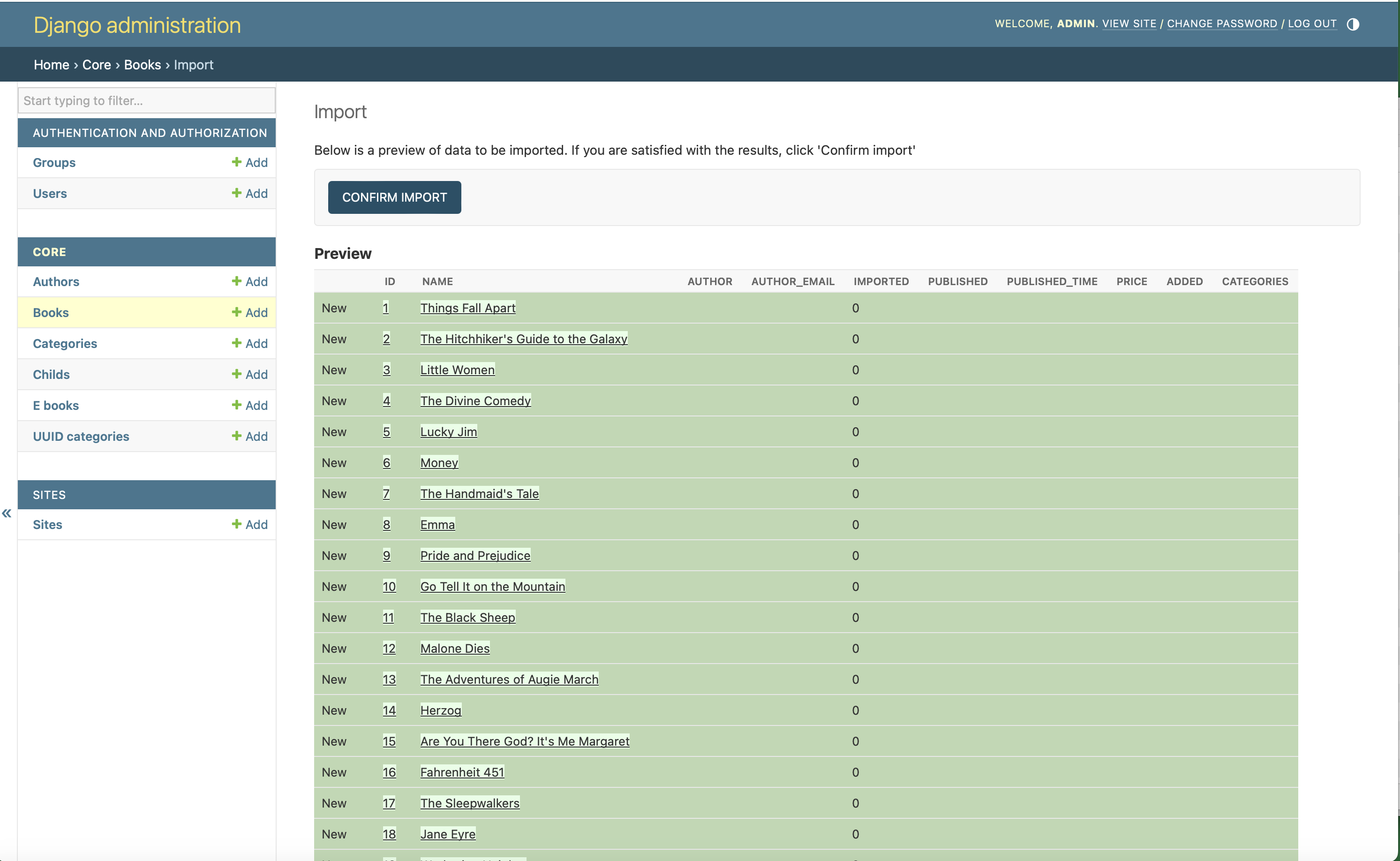 screenshot of the import confirm page in django-import-export