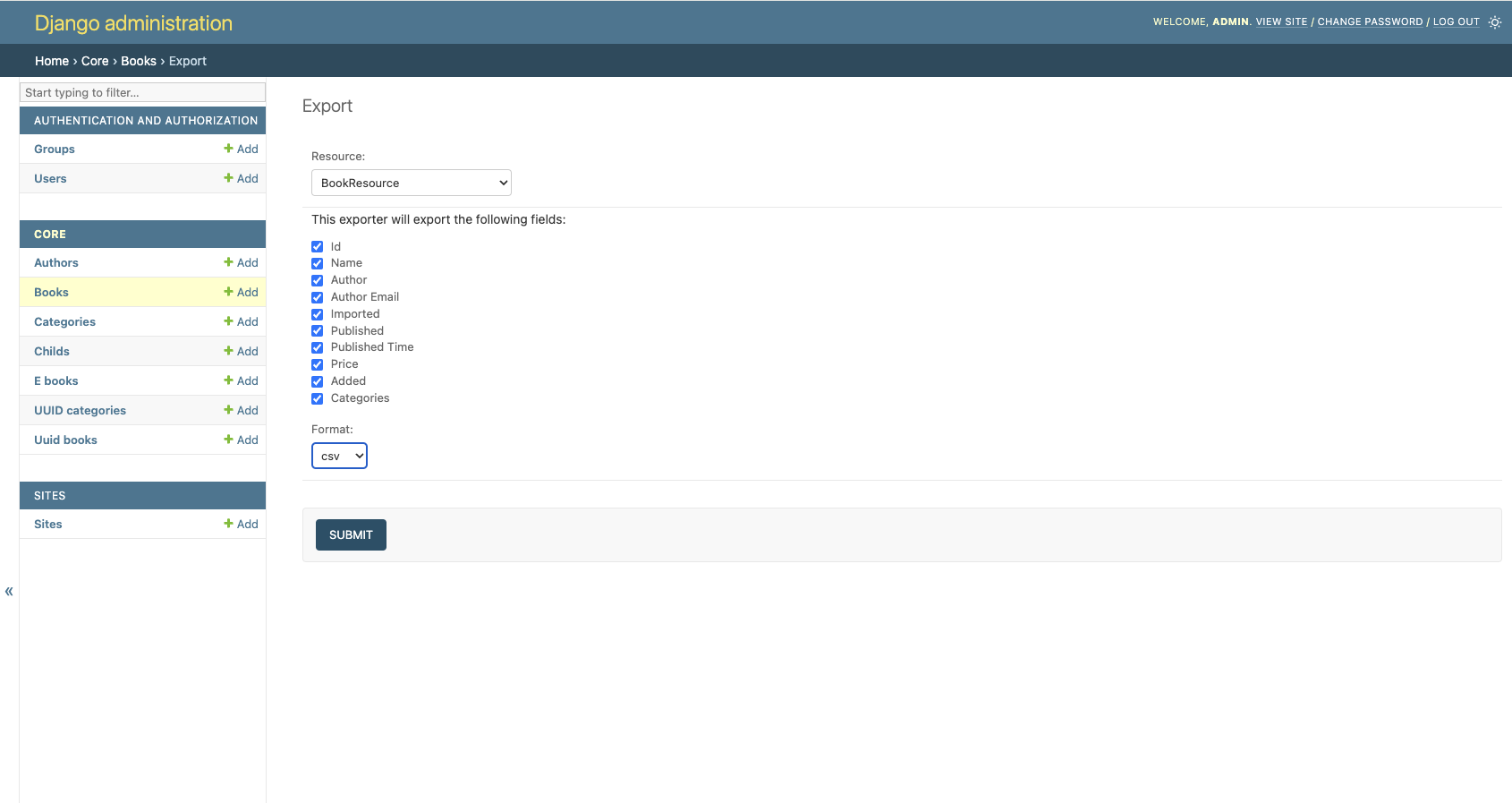 screenshot of selecting existing records for export in django-import-export