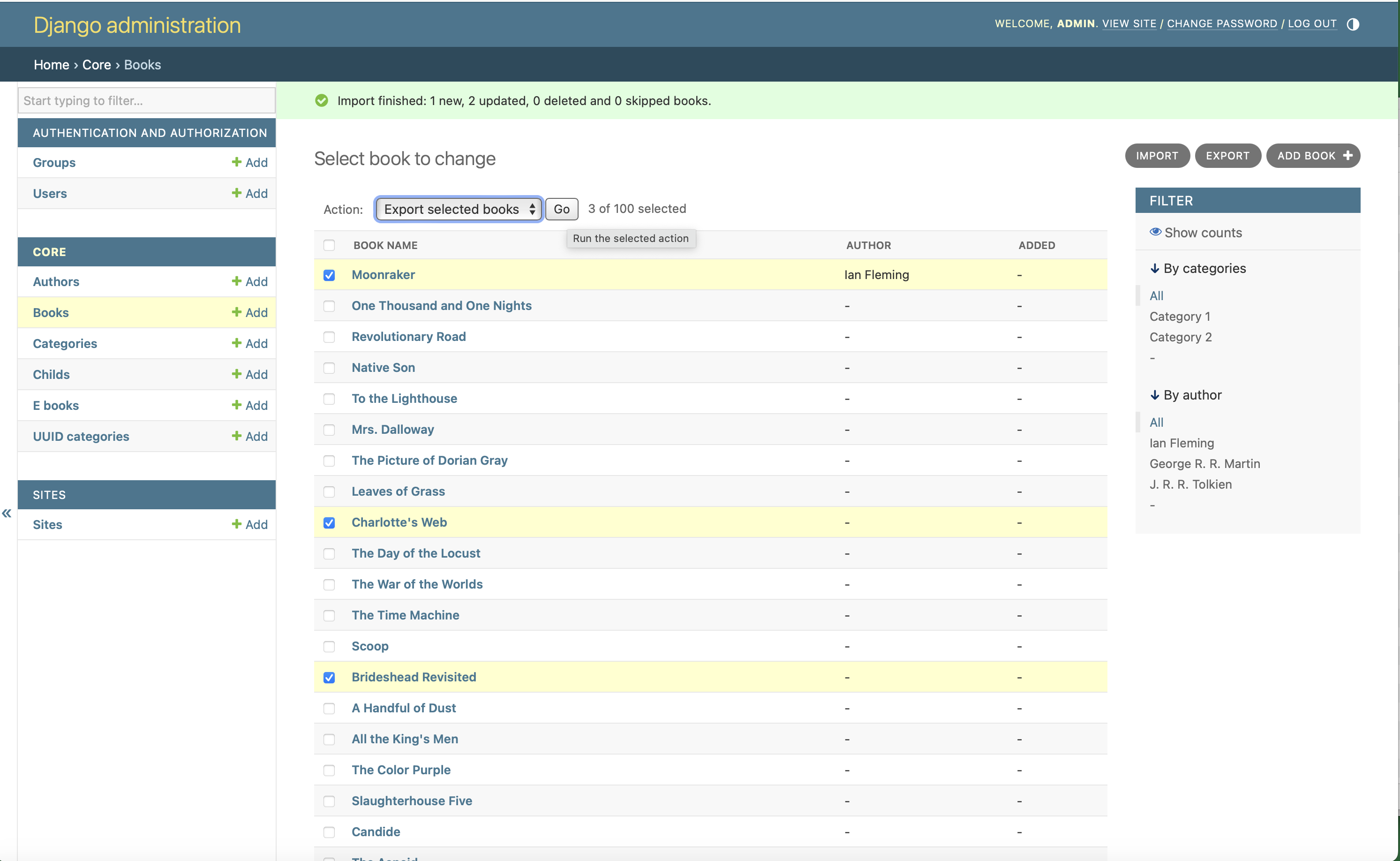 screenshot of selecting existing records for export in django-import-export