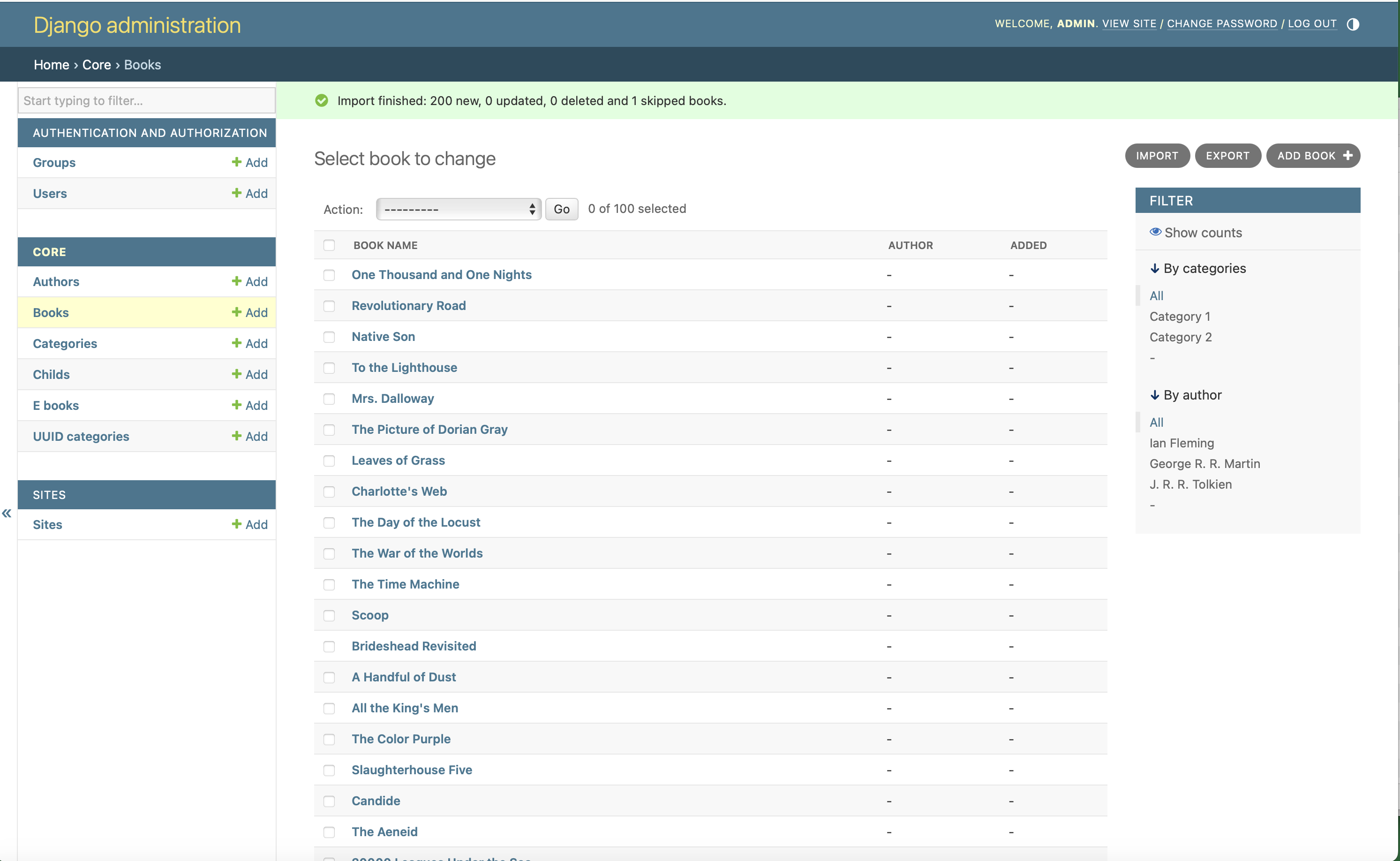 screenshot of the import completed page in django-import-export