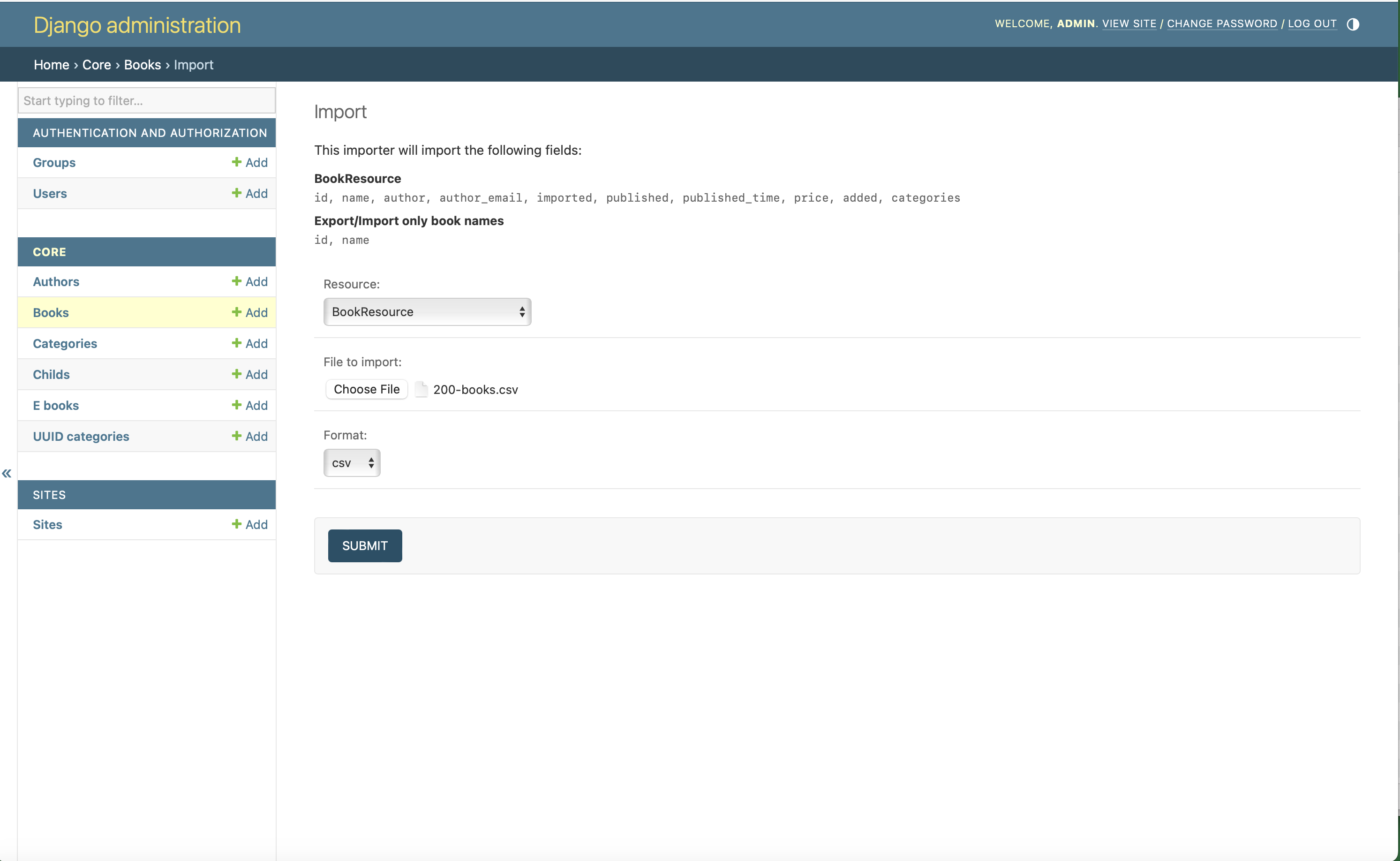 screenshot of the import form in django-import-export