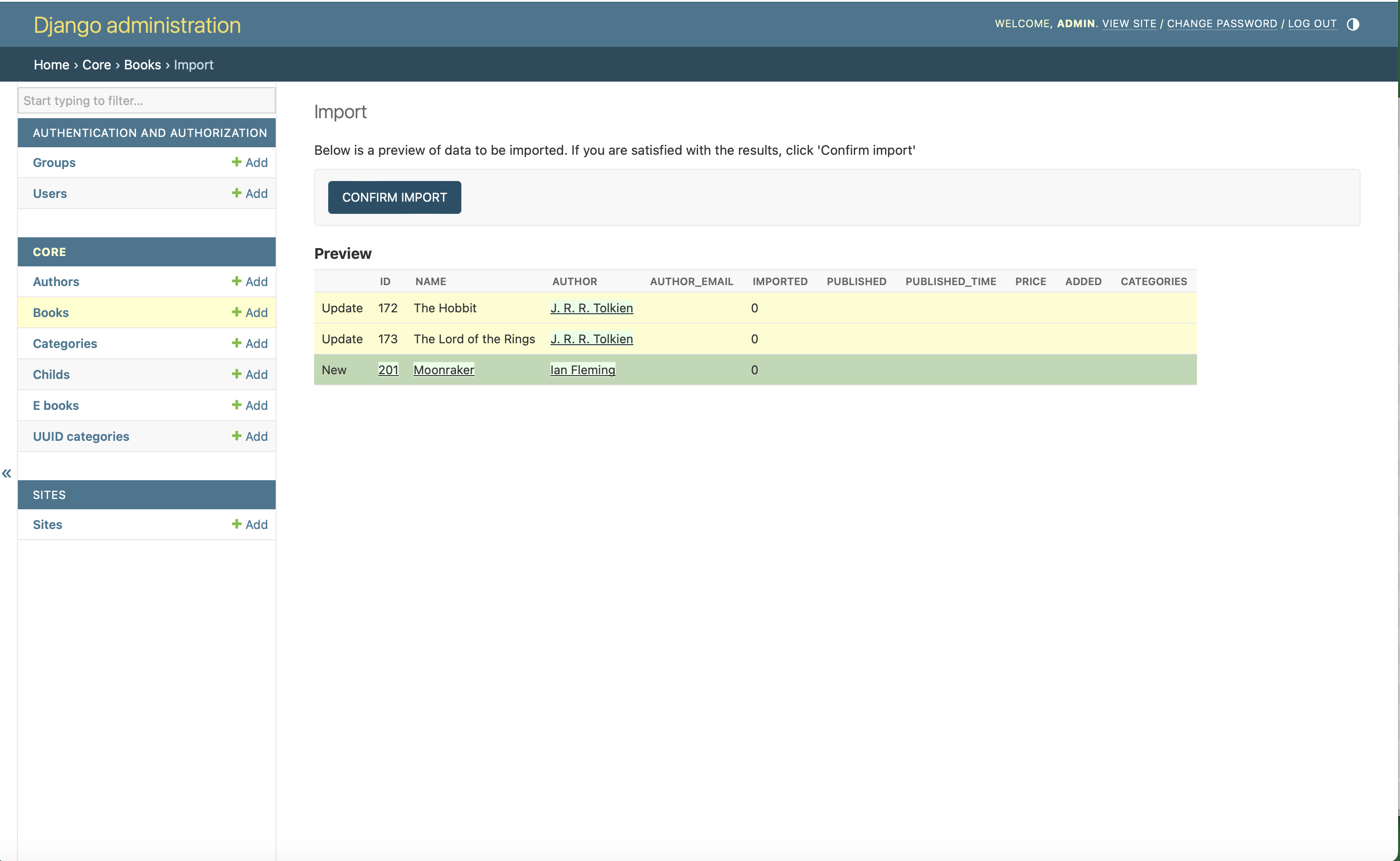 screenshot of import update with author information in django-import-export